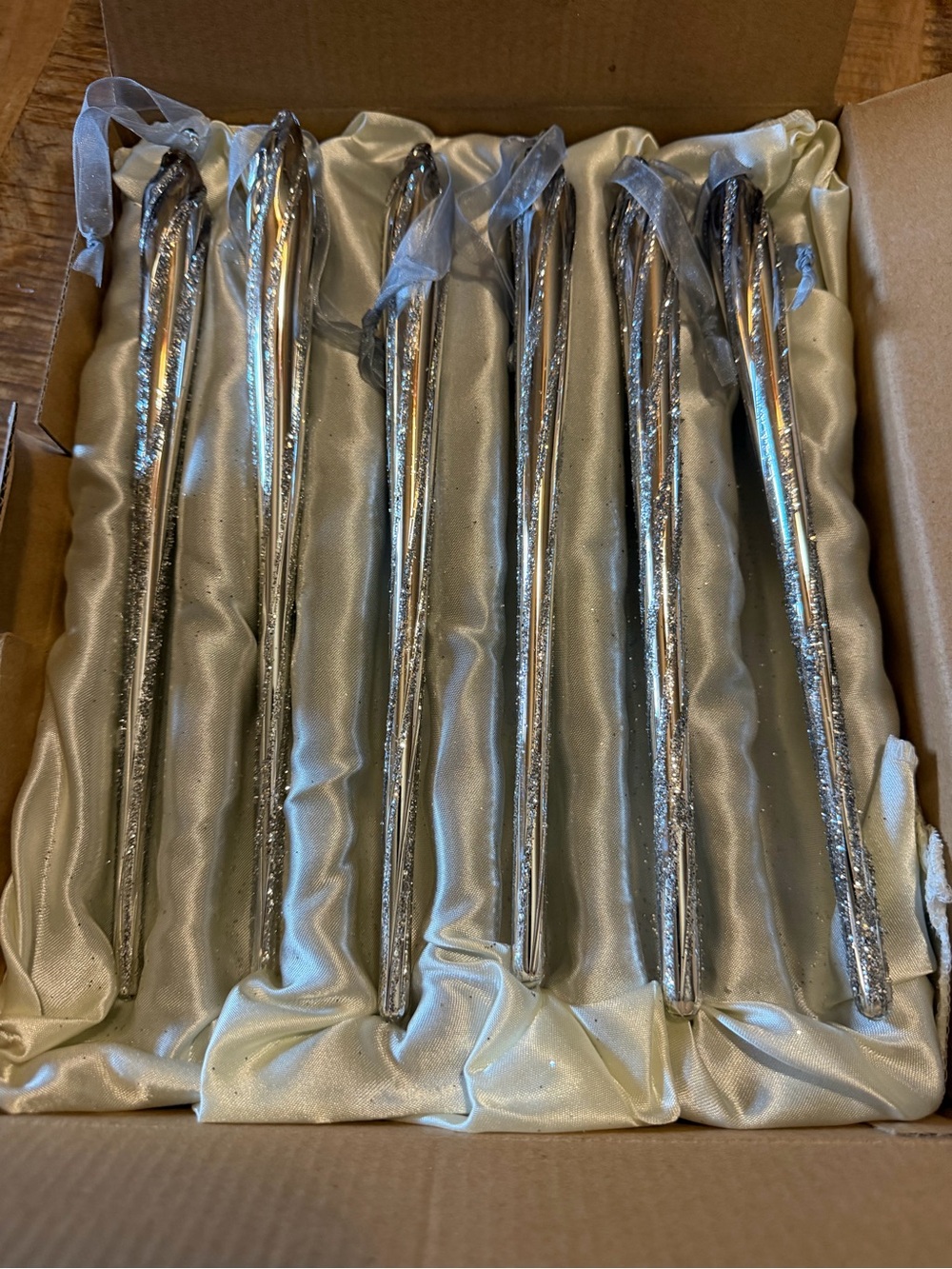 6 Boxed Silver Glass Icicle Vintage Frontgate Holiday Collection Ornaments